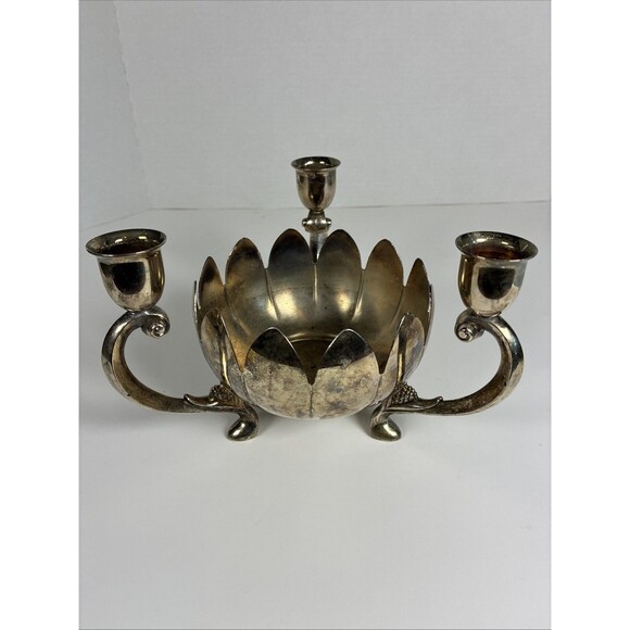 Unbranded Other - Vintage Silver Plated Lotus Flower Bowl 3-Candle Holder